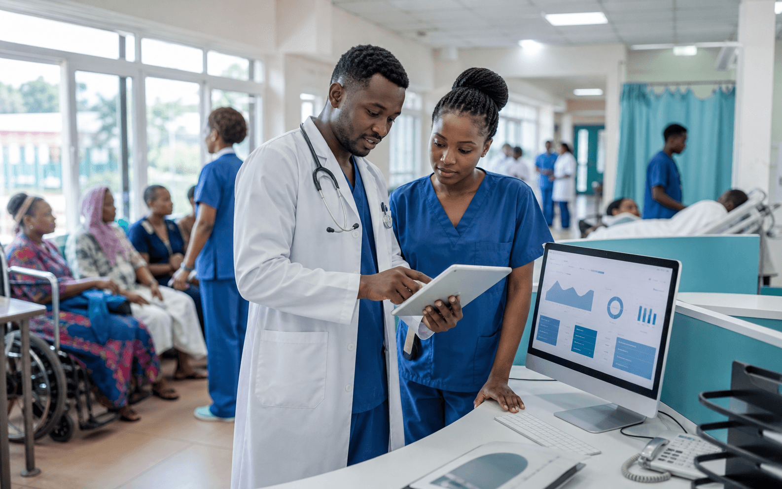 Clinicians coordinating patient care with a hospital management dashboard